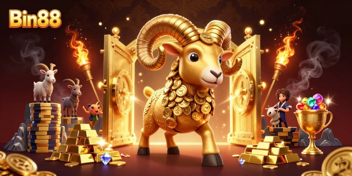 Experience thrilling Bin88 casino action with a dynamic oversized golden ram and treasure elements.
