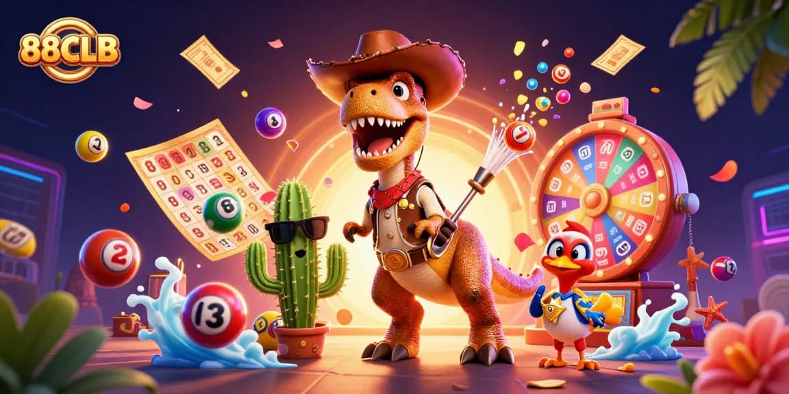 Win exciting prizes with 88CLB's vibrant lottery-themed 3D illustration featuring dynamic game elements.