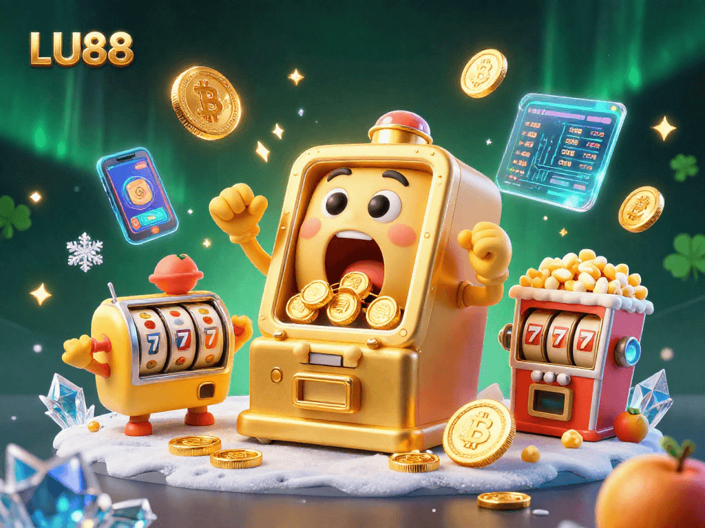 Win big with LU88's exciting slot machine action amidst crypto coins and vibrant gaming elements.