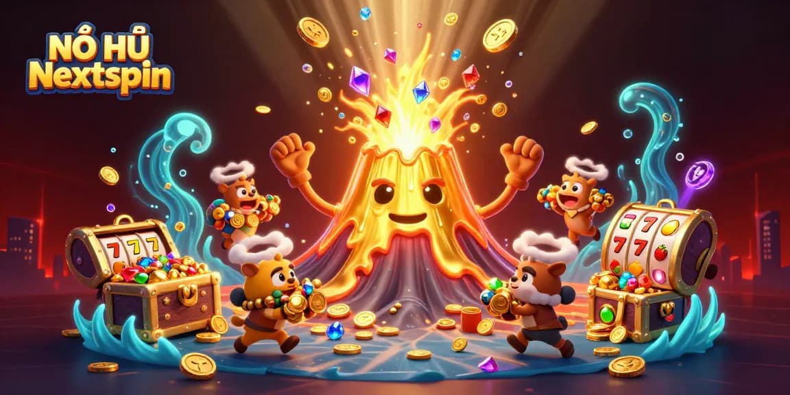 NỔ HŨ Nextspin showcases an energetic scene with treasures and thrilling slot elements.