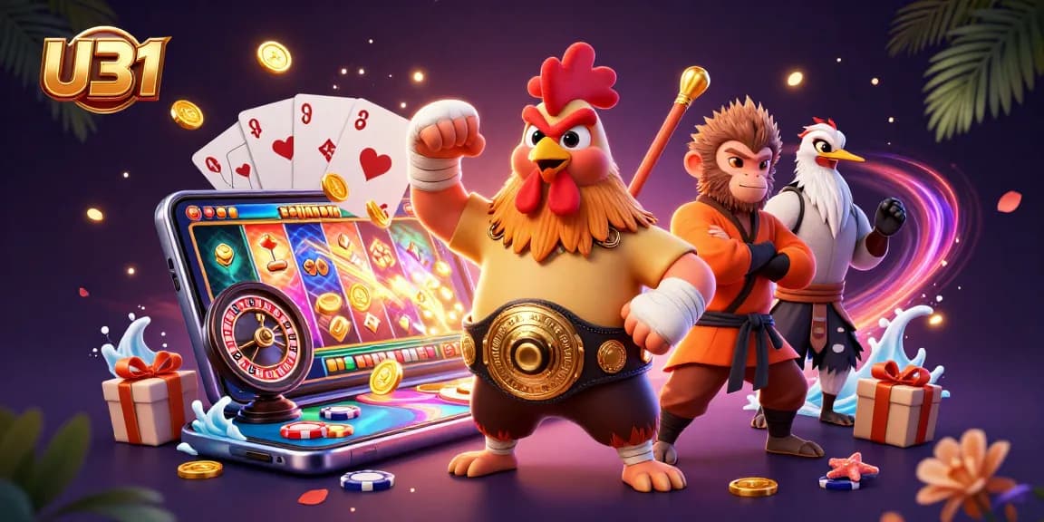 Engage in thrilling U31 slots action with a vibrant scene featuring iconic characters and casino elements.