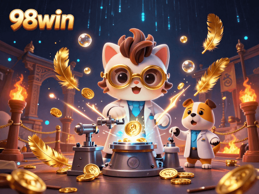 Engage with 98win in this lively casino scene featuring a mad scientist cat and assistant.