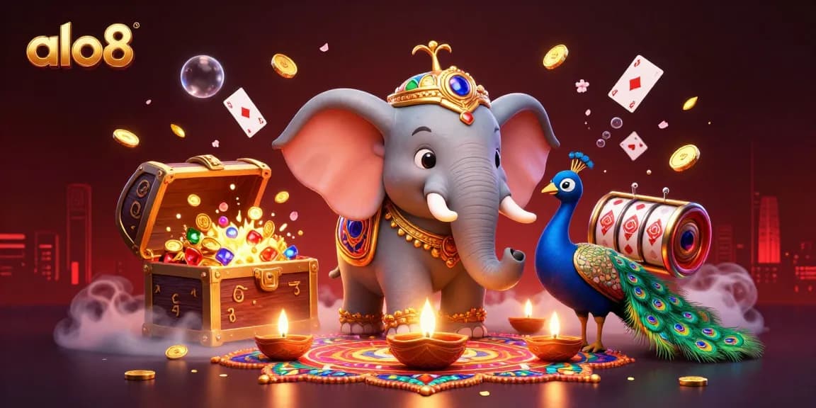 Experience the vibrant world of alo8, showcasing a Diwali-themed elephant surrounded by enchanting gambling elements.