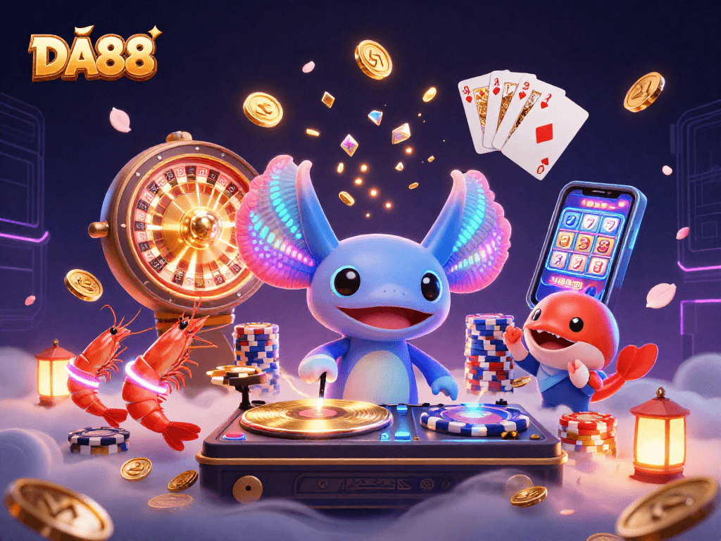 Engage in vibrant DA88 casino fun with a neon axolotl DJ leading the underwater party.