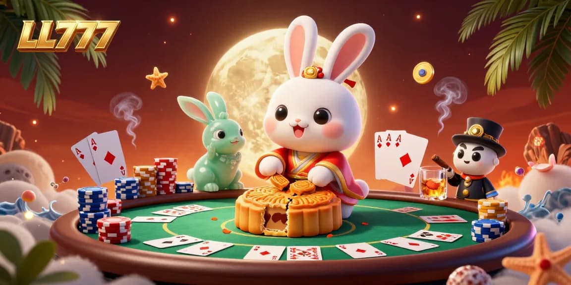 LL777 gaming adventure with a moon rabbit pounding mooncakes revealing poker chips on the lunar surface.