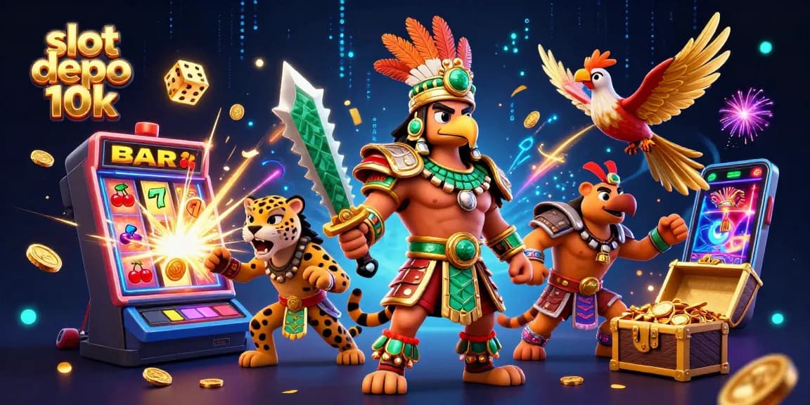 Win big in slot depo 10k with vibrant 3D casino scene showcasing jackpots, characters, and excitement!