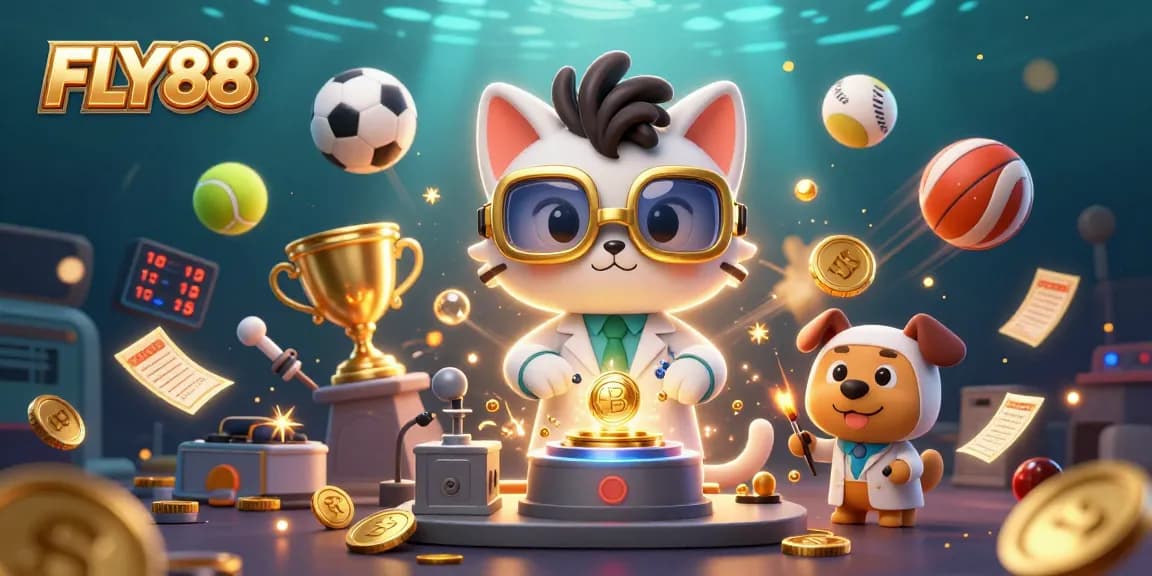 FLY88 showcases a vibrant casino scene where a mad scientist cat and dog create gold coins, surrounded by dynamic sports elements.