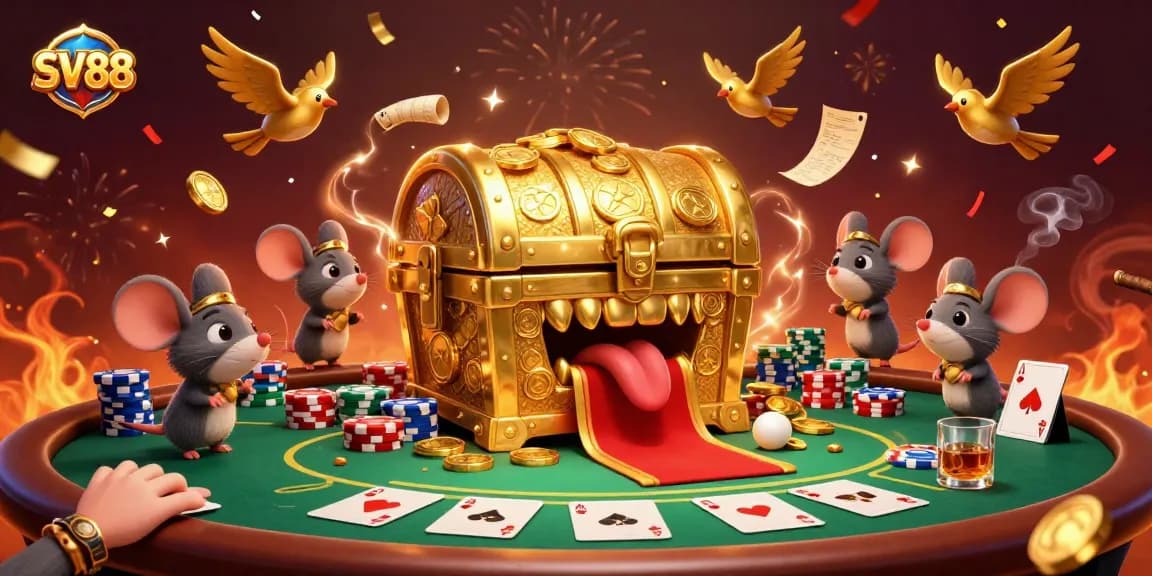 Engage with SV88's thrilling poker action and treasure hunting in a vibrant 3D illustration.