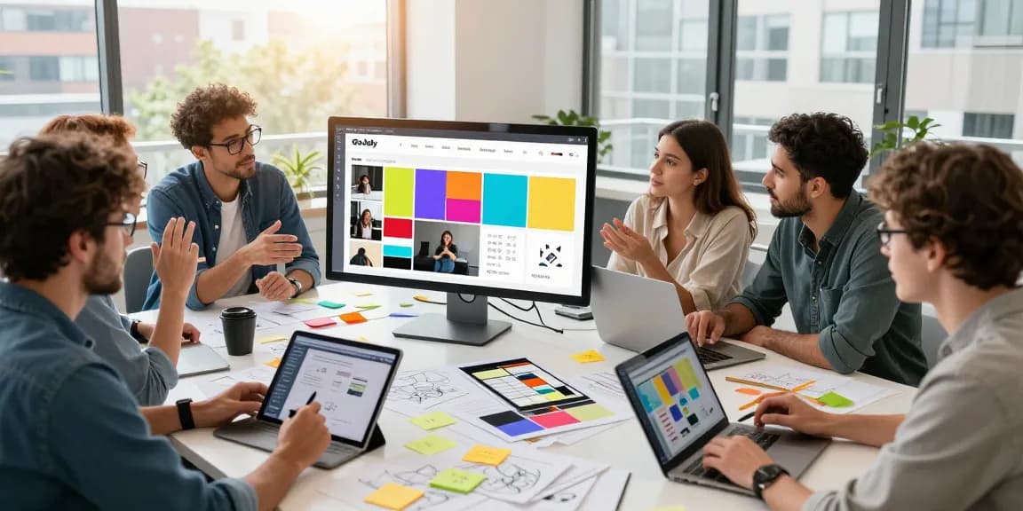 Team collaborating on google mixboard in creative workspace, vibrant moodboards displayed on screens.