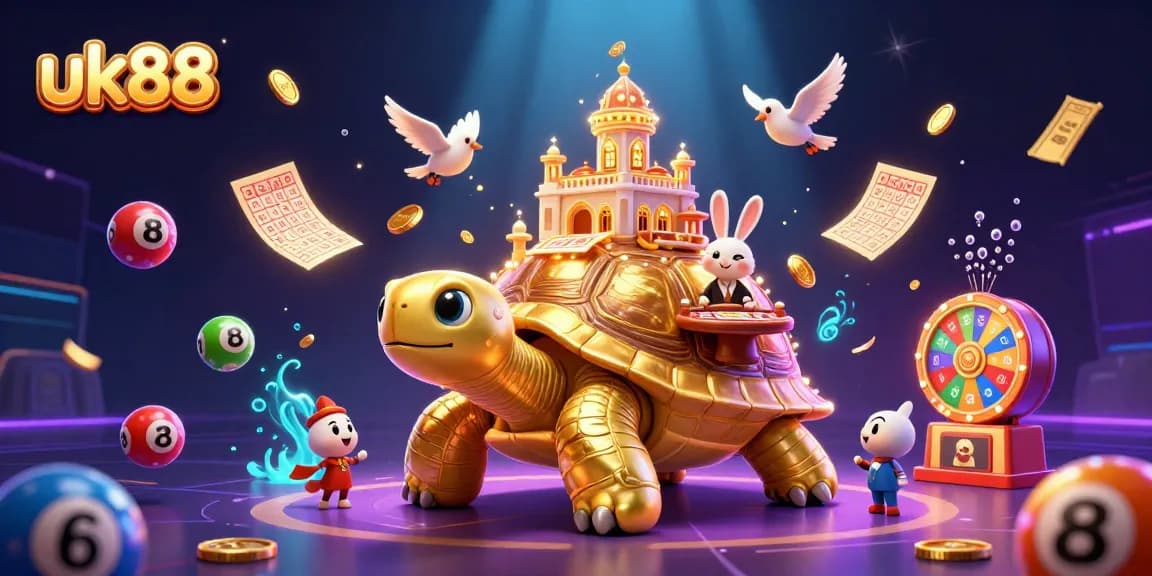 Spin for prizes with uk88 in a vibrant casino scene featuring a tortoise and dealer.