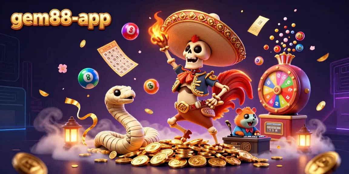 Experience the thrill of gem88-app with vibrant gaming elements and lively characters celebrating wins.