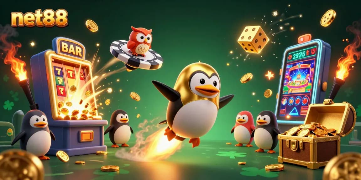 Experience net88 with a thrilling casino adventure featuring a rocket-powered penguin and jackpot elements.