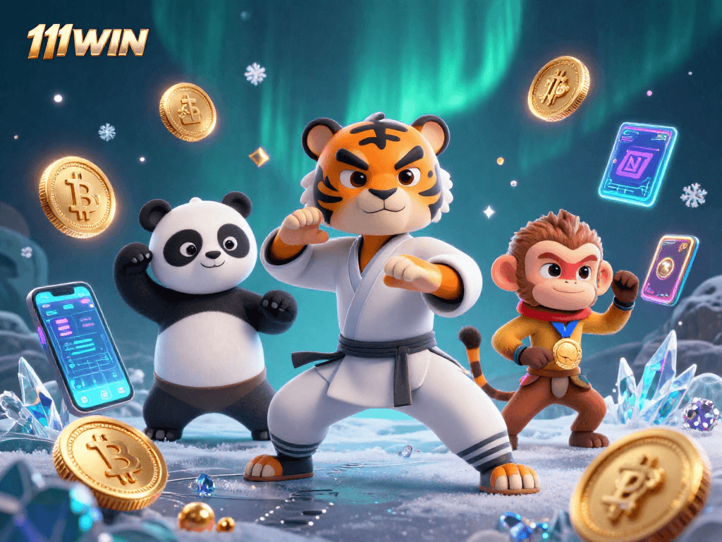 Experience thrilling gaming with 11WIN's enchanting kung fu-themed illustration, featuring vibrant crypto elements.