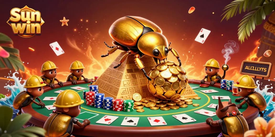 Experience the thrill of Sun win as a golden dung beetle rolls in a lavish casino scene.