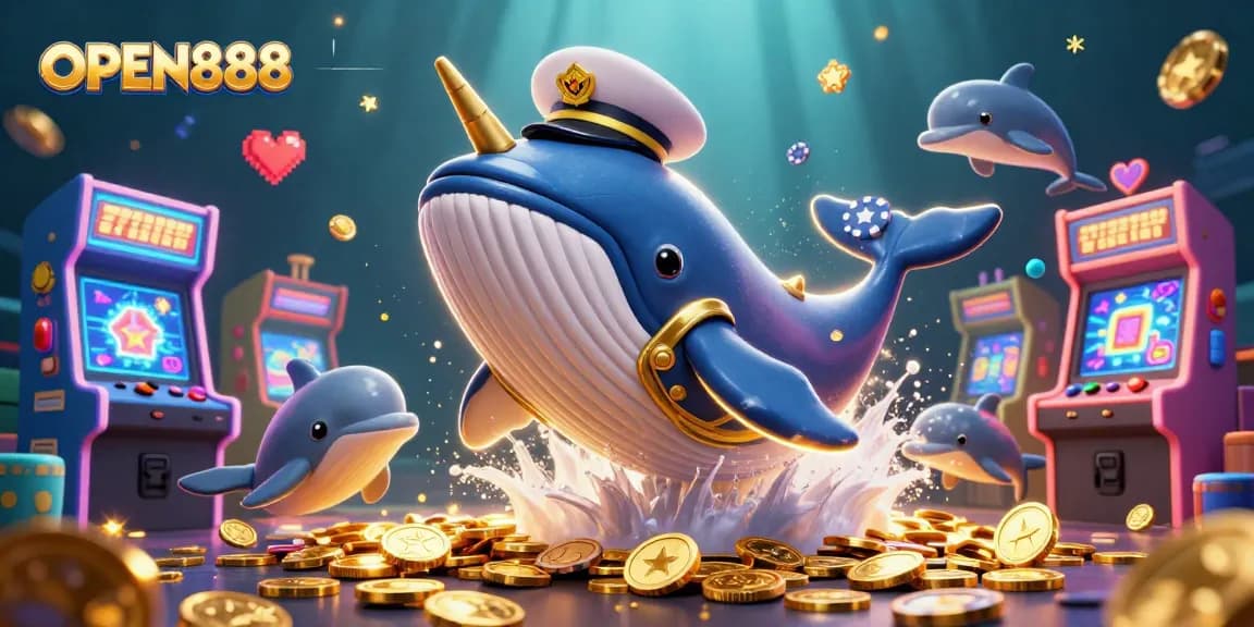 Experience the exciting world of OPEN888 with whales, coins, and dolphins playing in an underwater casino.