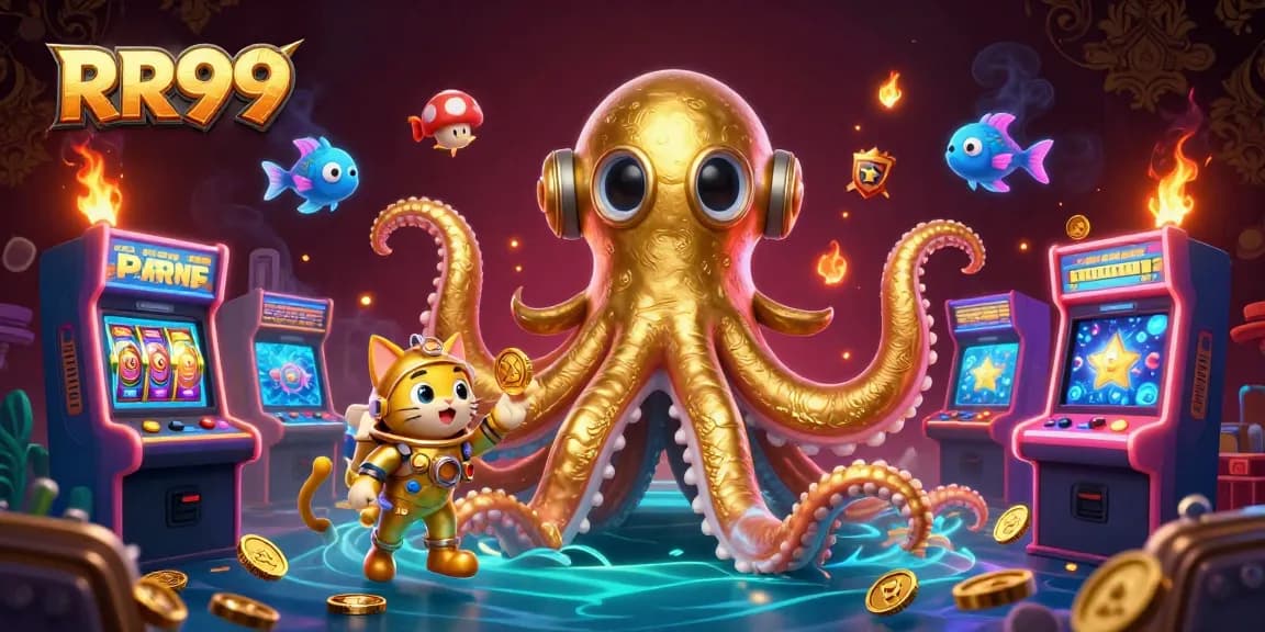 Immerse in RR99 where a colossal kraken and diving cat showcase exciting gambling adventures.