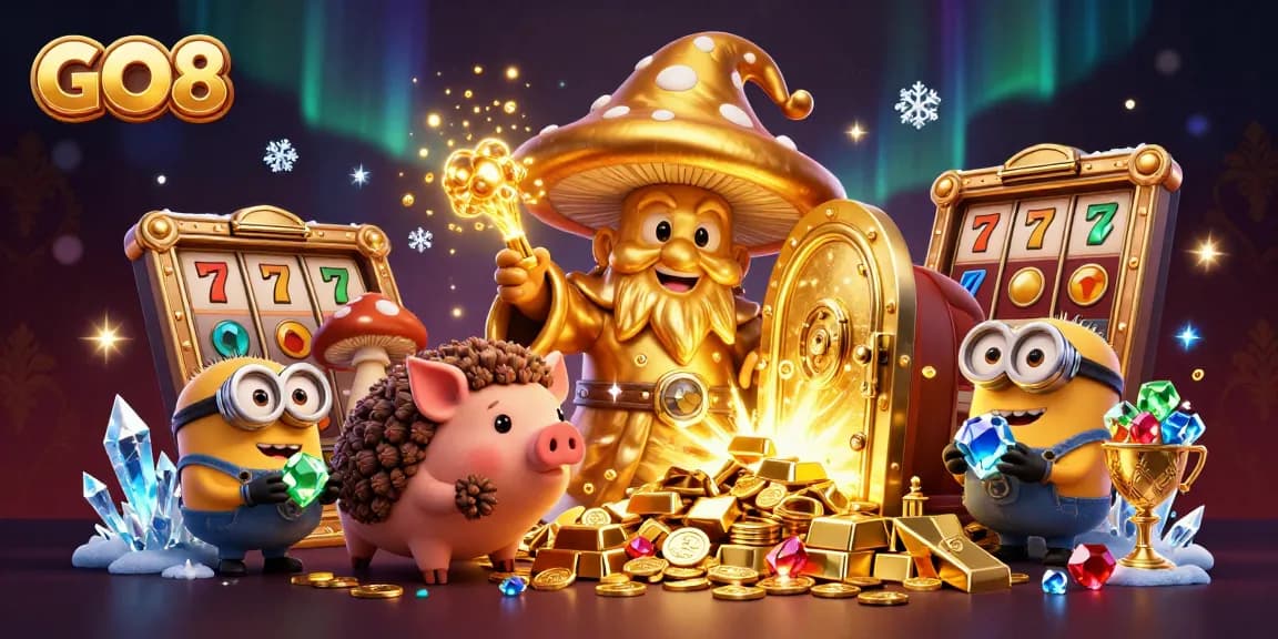 Engage with GO8's thrilling casino adventure featuring a golden mushroom wizard and treasures overflowing.