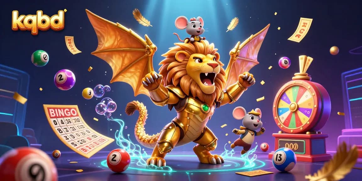 Engage with KQBD's exciting gambling world featuring colorful lottery elements and a roaring chimera.