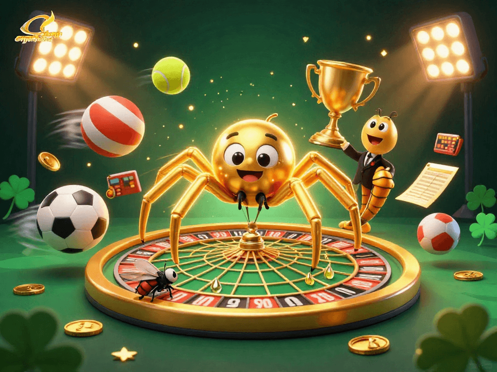 Experience excitement with caycanhphattai as a golden spider spins a roulette web amidst vibrant betting scenes.