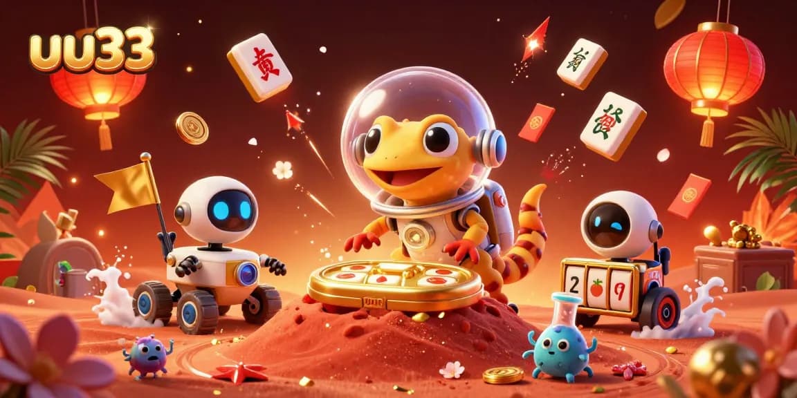 Engage with dynamic slots and gaming at uu33 illustrated by a Martian gecko in a golden casino environment.