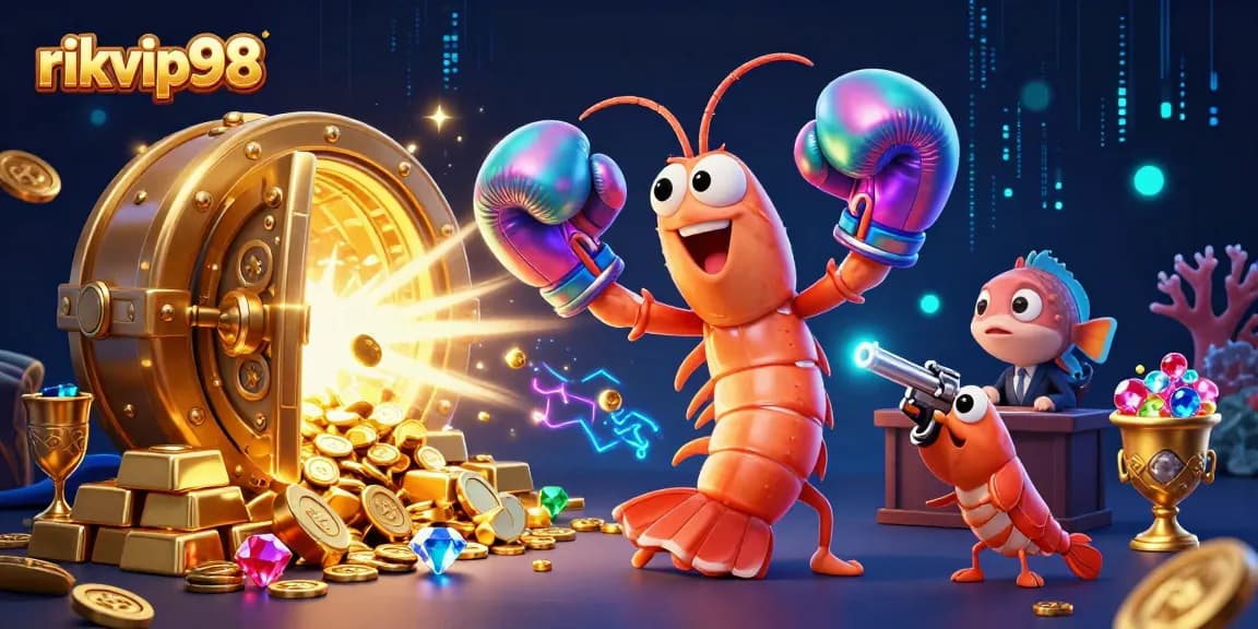 Experience the thrill of the game with rikvip98 as the cartoon shrimp spar for treasure in a vibrant online casino scene.