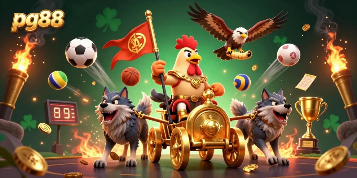 Engage in thrilling gaming at pg88, where a rooster warlord leads the charge in a vibrant casino duel.
