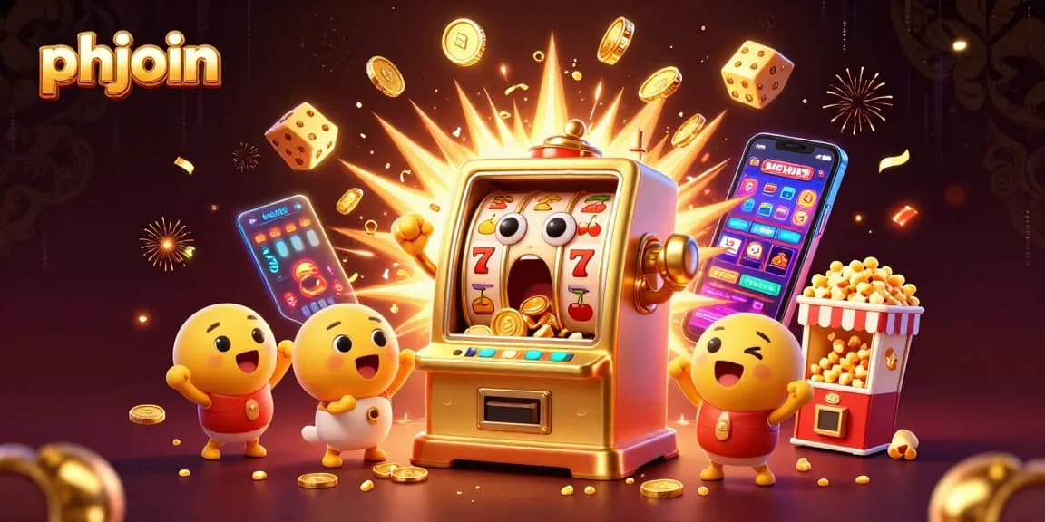 Celebrate wins at phjoin with a vibrant 3D cartoon slot machine hitting the jackpot amidst cheering machines and lively casino elements.