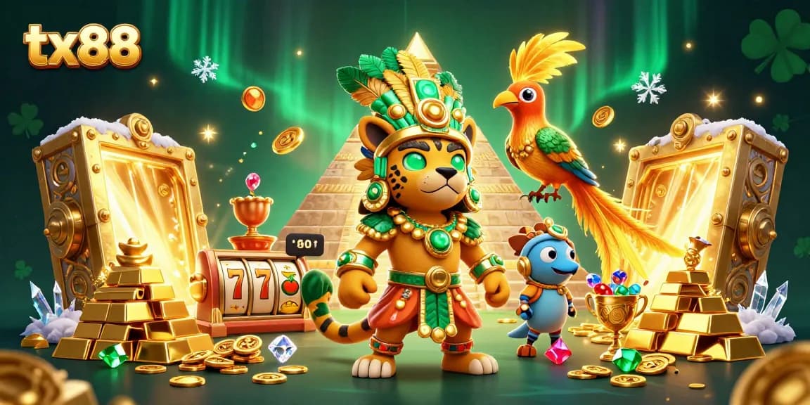 tx88 slots scene with Mayan jaguar priest, vibrant treasures, and dynamic gaming elements surrounding