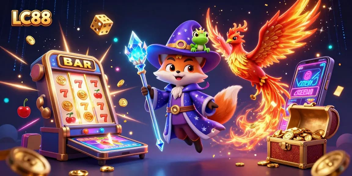 Experience the excitement of LC88 with a dynamic casino scene featuring a magical wizard fox and casino symbols.