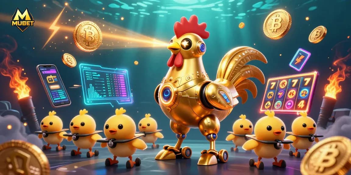 Engage in casino excitement with MUBET as a golden rooster robot and drones showcase vibrant gameplay