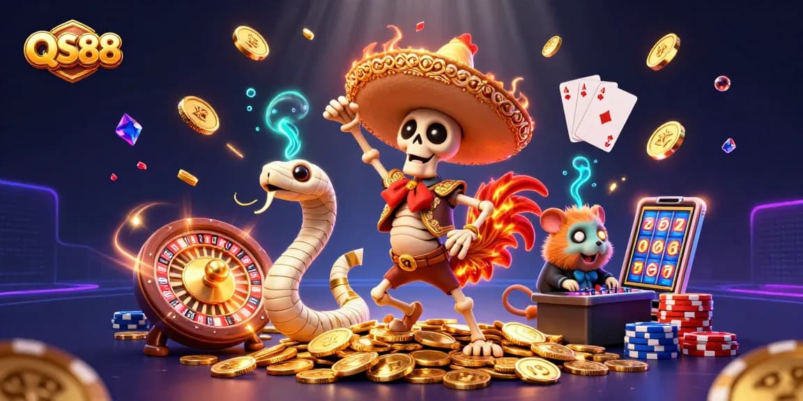 Experience the excitement of QS88 with a vibrant 3D casino illustration featuring dynamic characters and dazzling game elements.