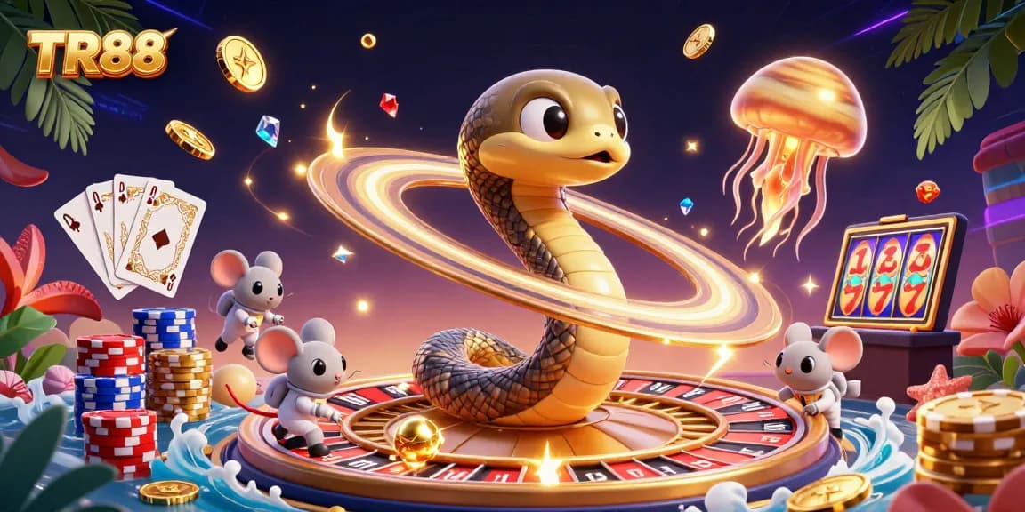 Experience exciting gambling at TR88 with a cosmic roulette scene featuring playful astronaut mice.