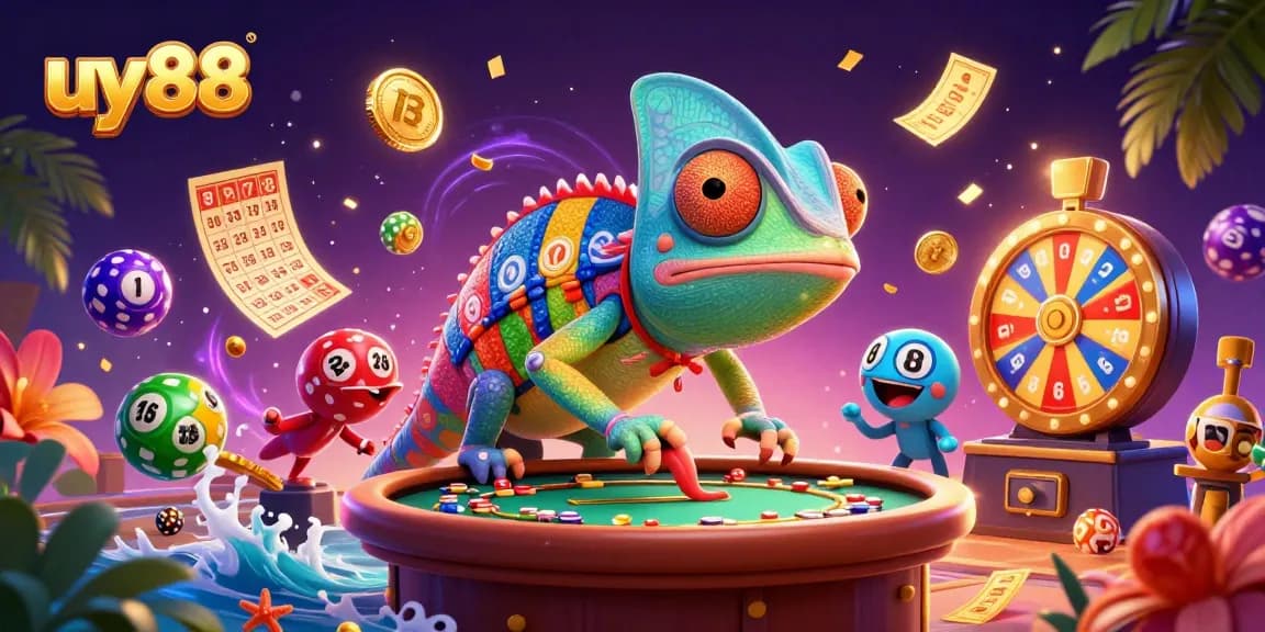 Experience vibrant casino action at uy88, featuring a dynamic chameleon owner amidst exciting lottery and game elements.