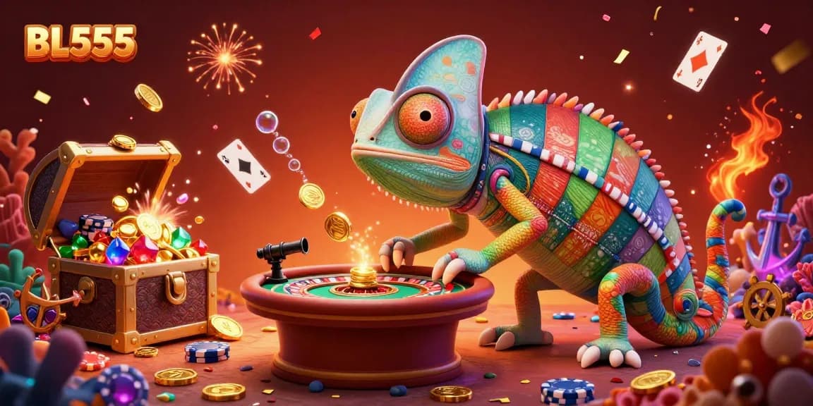 Engage with thrilling casino games at BL555 while watching vibrant chameleon owner surrounded by sparkling treasures.
