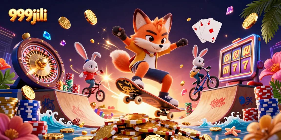 Experience thrilling gaming action with 999jili casino's vibrant 3D illustration featuring slots and bonuses.
