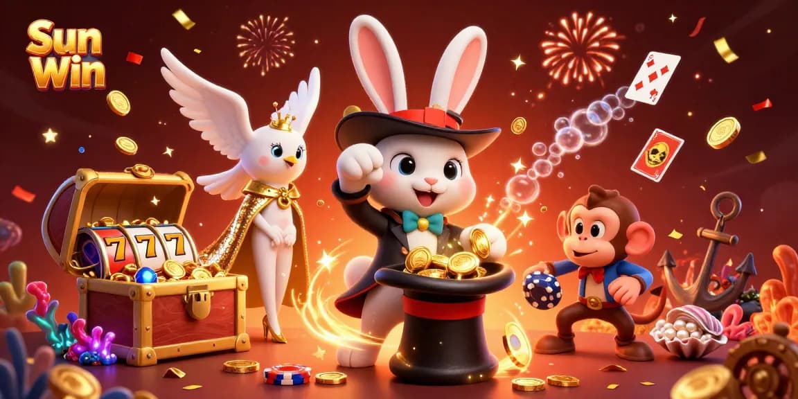 Experience the thrill of Sun Win casino games with this colorful 3D illustration featuring magical characters and slot elements.