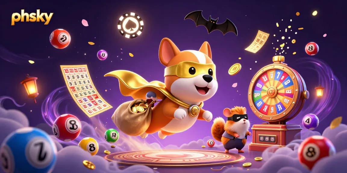 Experience the excitement of phsky with a superhero dog flying amidst colorful gaming elements.