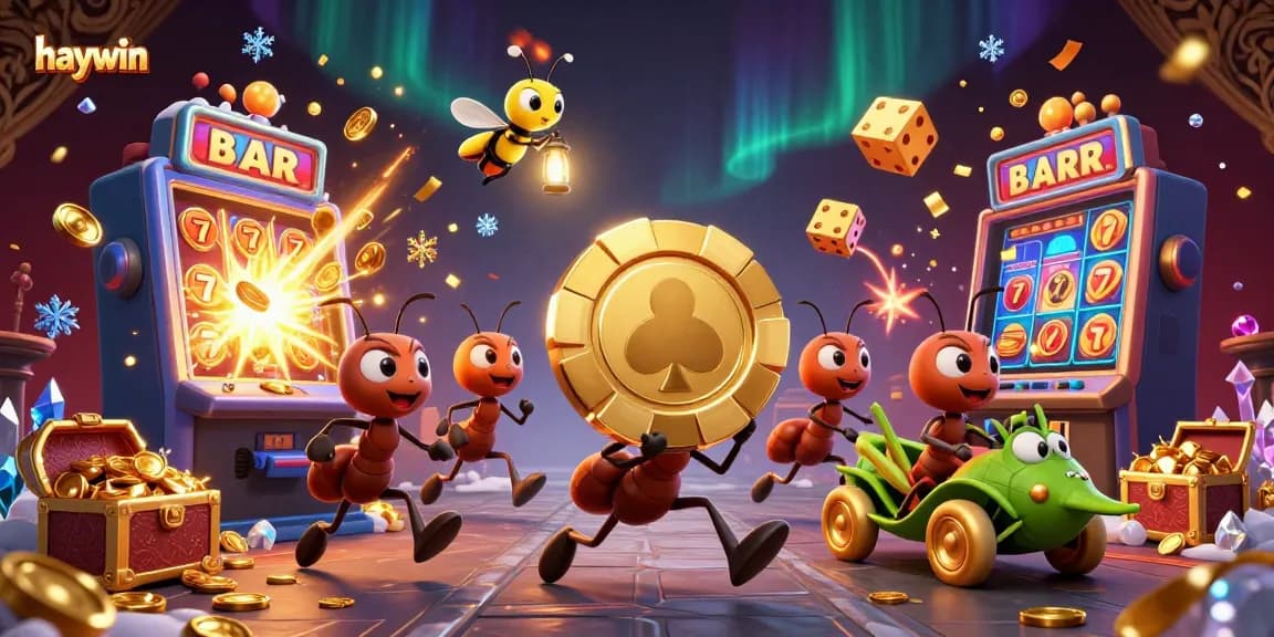 Experience thrilling gameplay at haywin with cartoon ants heisting a giant poker chip amidst casino chaos.