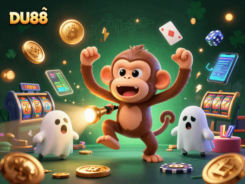 Experience DU88's thrilling fun with a poltergeist monkey juggling crypto coins in a haunted casino.