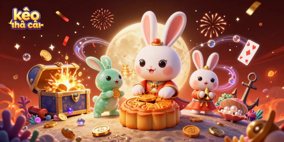 Engage with kèo nhà cái through a vibrant scene of cartoon rabbits and casino elements in a lunar setting.