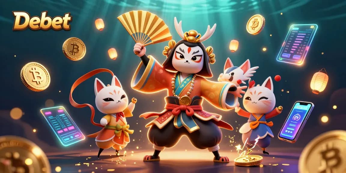 Engage with the exciting world of Debet casino gaming, showcasing vibrant 3D characters and glowing crypto elements.