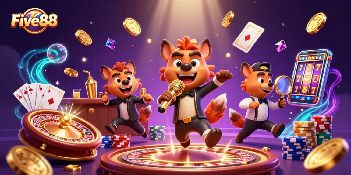 Engage with Five88's exciting casino experience featuring lively hyenas and dynamic gaming elements.