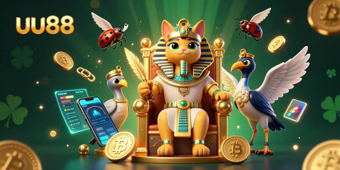Experience the excitement at uu88 with a lively 3D illustration showcasing an Egyptian pharaoh cat and crypto elements.