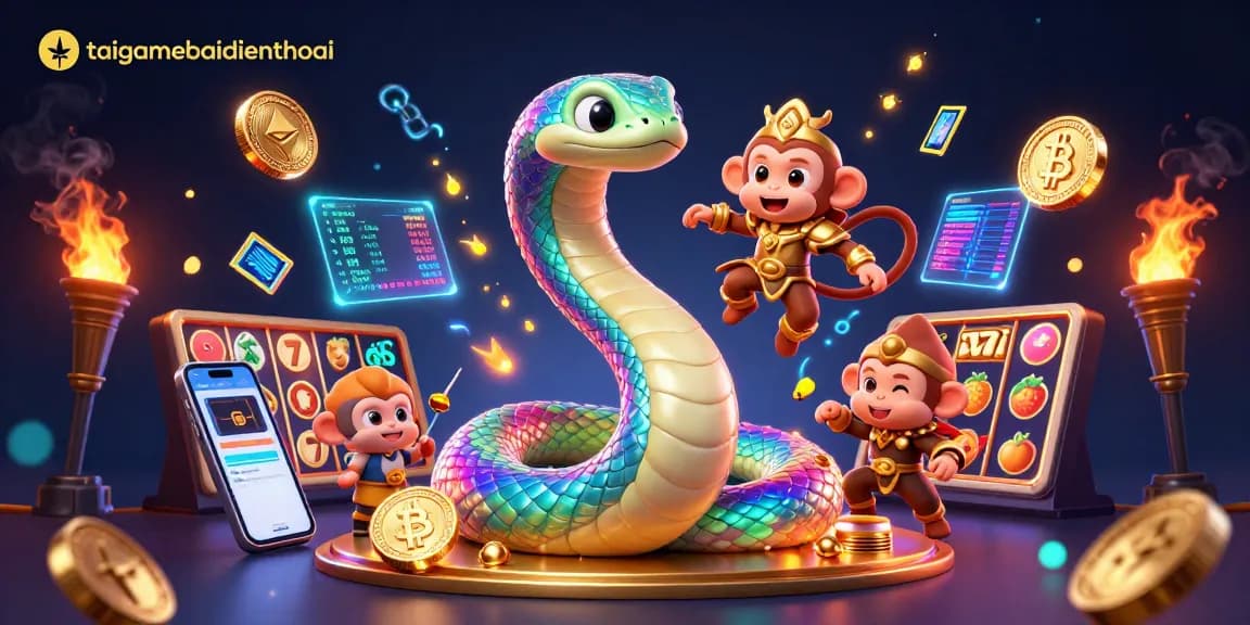 Engage with taigamebaidienthoai's vibrant 3D casino scene featuring a rainbow serpent and cryptocurrency elements.