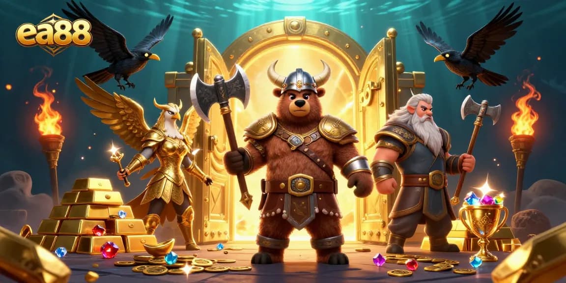 Experience thrilling adventures with ea88 as a Viking bear and Valkyrie eagle guard treasures in this dynamic casino scene.