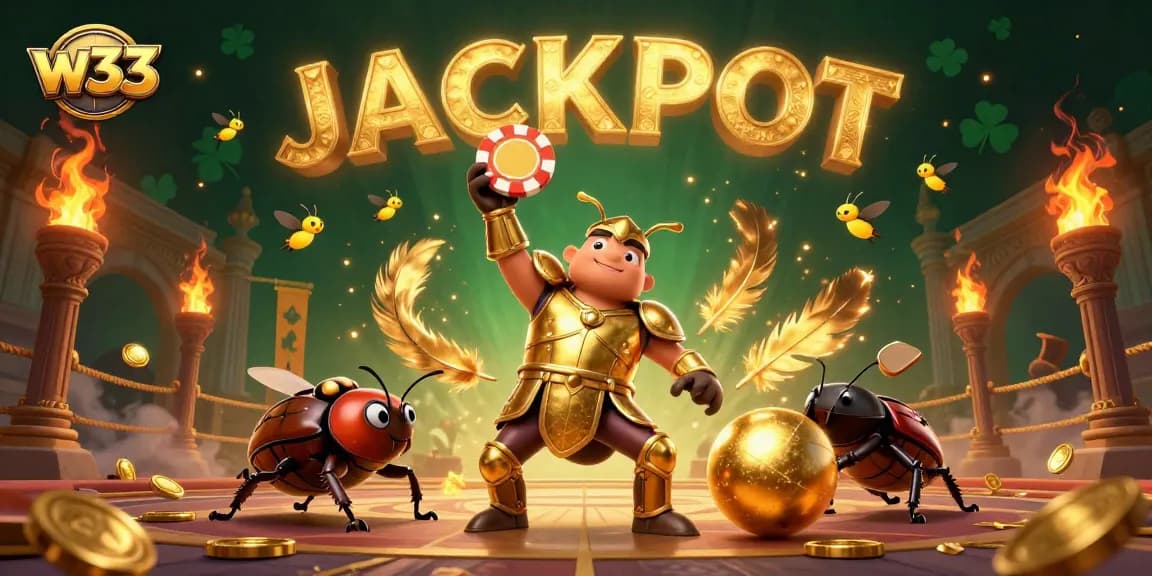 w33 brings you a thrilling victory scene with a hercules beetle lifting a poker chip amidst golden casino elements.