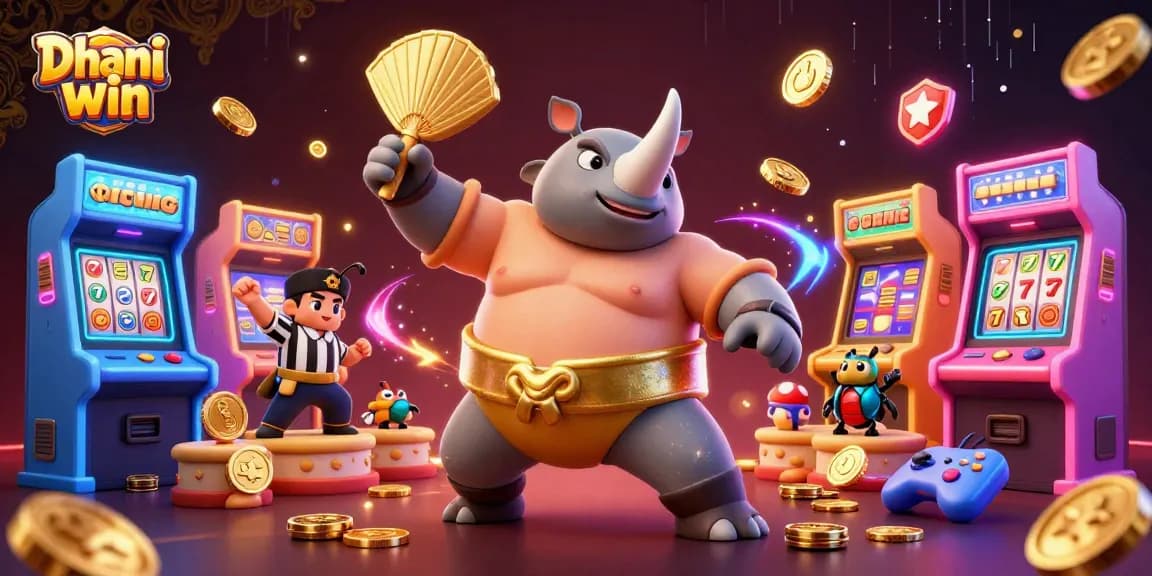Dhani win gameplay with a lively rhinoceros beetle sumo champion amidst casino-themed arcade elements