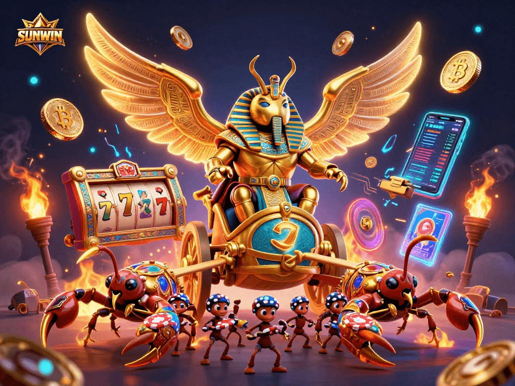 SUNWIN brings excitement to gambling with an epic battle scene featuring a golden scarab and scorpions amidst slot machines and crypto coins.