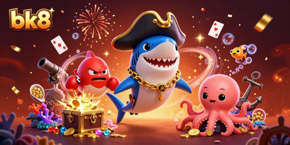 Engage in thrilling gaming at bk8 with a lively scene featuring pirate shark, boxing pufferfish, and gold-holding octopus.