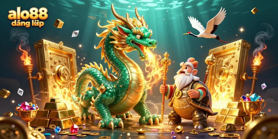 Experience the magic of alo88 đăng nhập with animated characters amidst shimmering treasures and casino elements.
